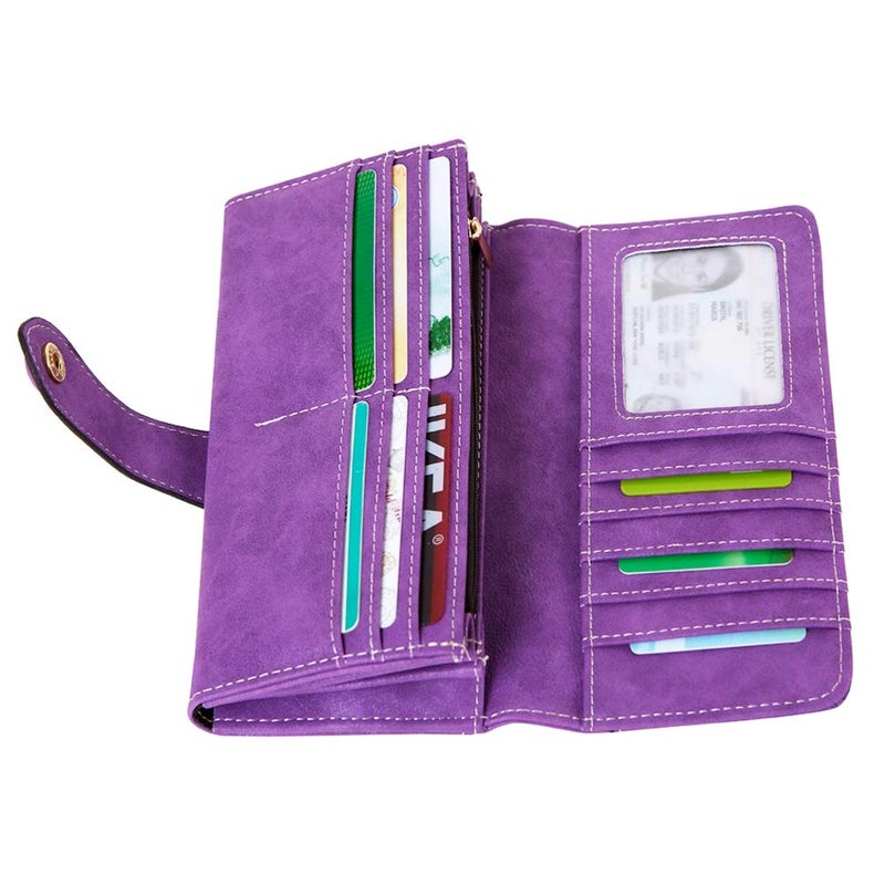 Cynure Women's Vegan Leather 17 Card Slots Card Holder Long Big Bifold Wallet,Purple - Image 3